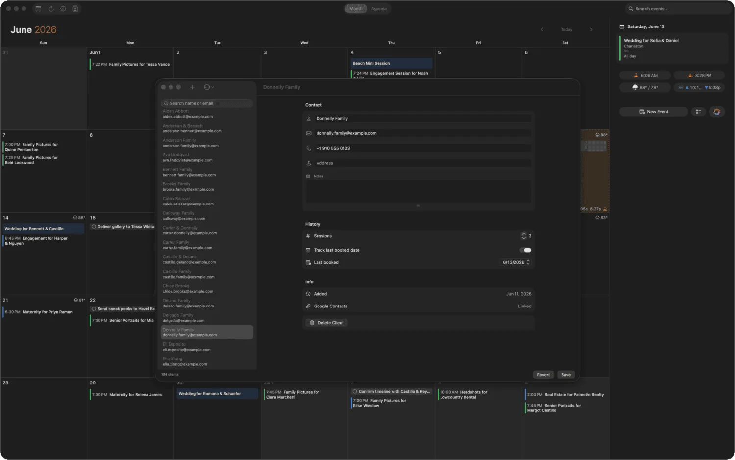 ShootCal client manager showing bookings and deposit tracking