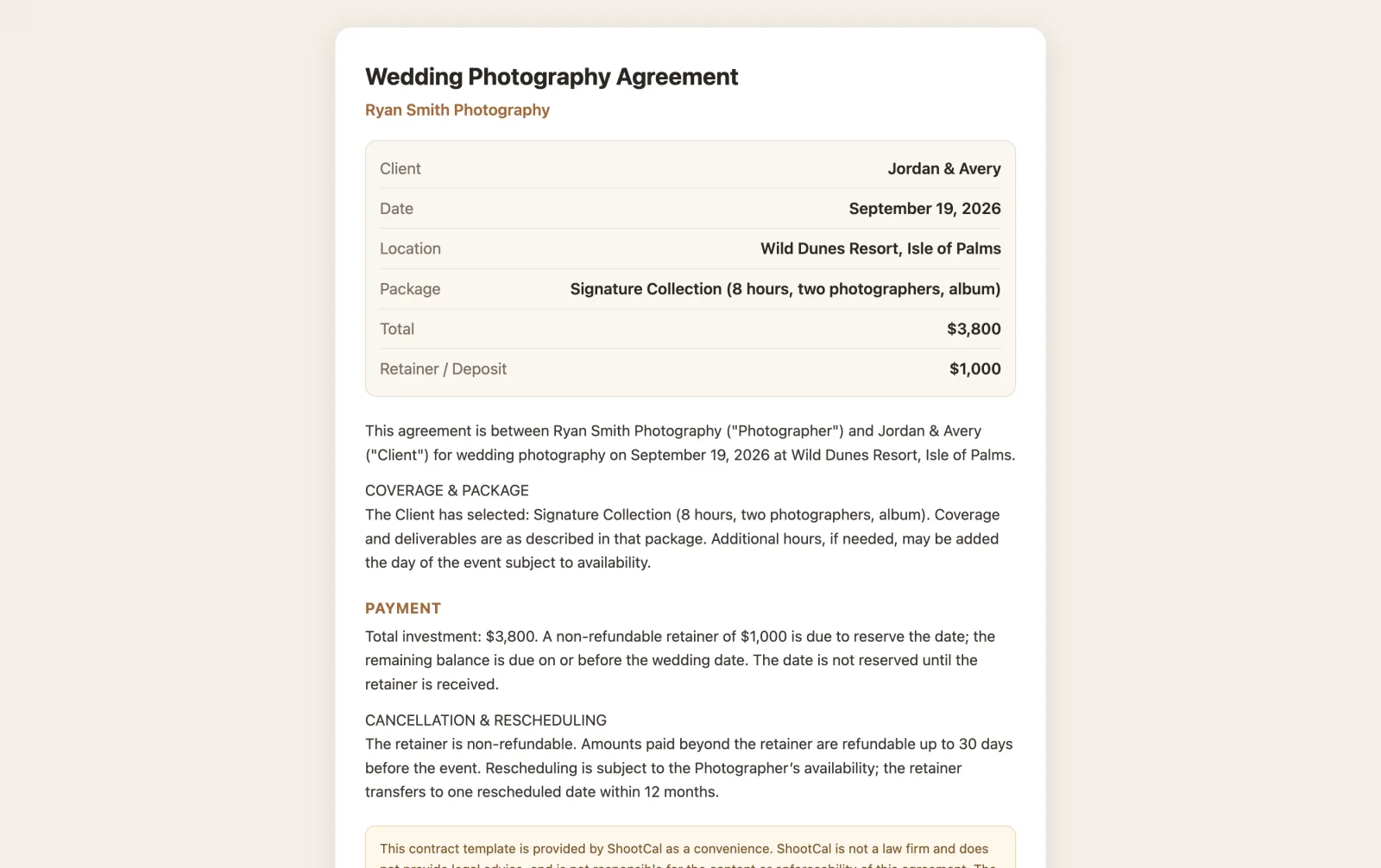 ShootCal contract signing page: a wedding photography agreement a client e-signs online