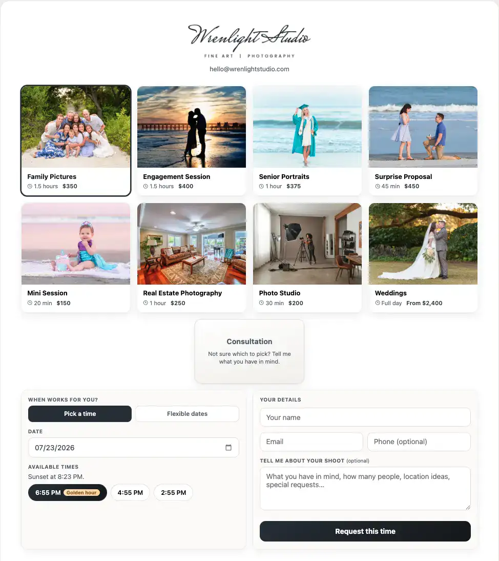 ShootCal public booking page showing photography session choices