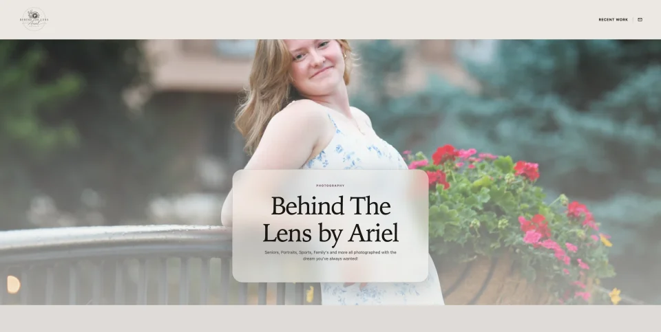 Behind The Lens by Ariel photography website, with a portrait photograph on its homepage