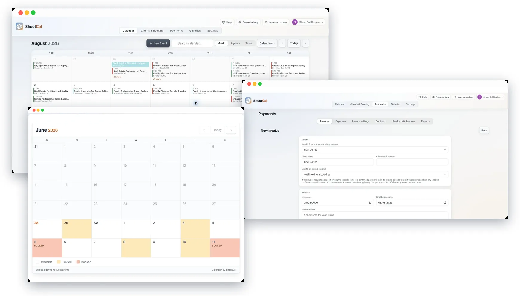 The ShootCal web app: month calendar, invoice builder, and the public availability calendar