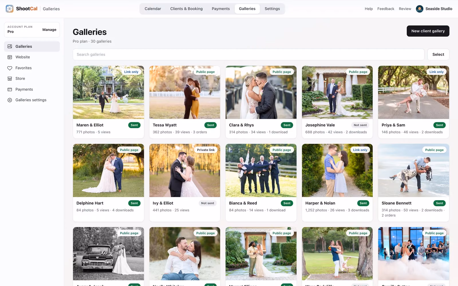 The ShootCal Galleries studio dashboard showing a grid of client galleries with cover photos, sharing status, and per-gallery photo, view and download counts