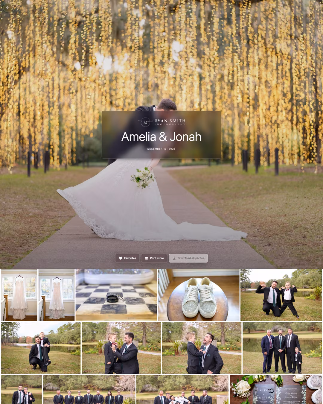 ShootCal client gallery showing a wedding cover photograph and photo grid