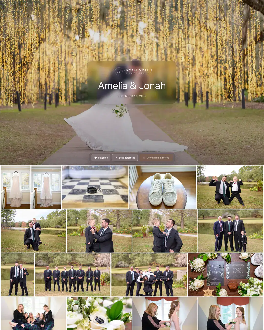 A ShootCal Galleries client gallery: a full-screen wedding cover photo with a frosted-glass title card, favorites and download buttons, and the photo grid below