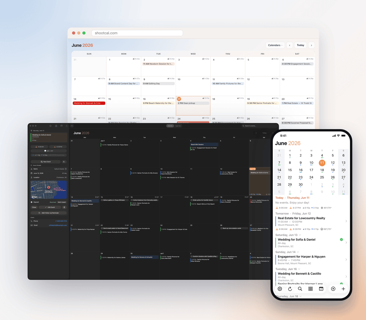 ShootCal shown on Mac, the web, and iPhone, with a month of photography sessions