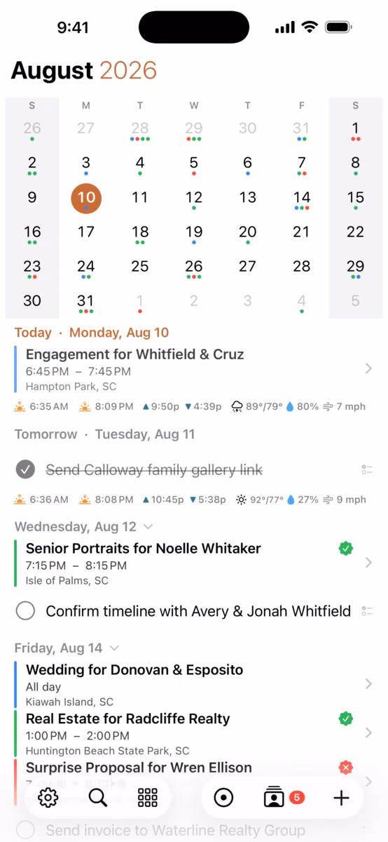 ShootCal agenda on iPhone in dark mode showing upcoming photography sessions with sunrise, sunset, and deposit status