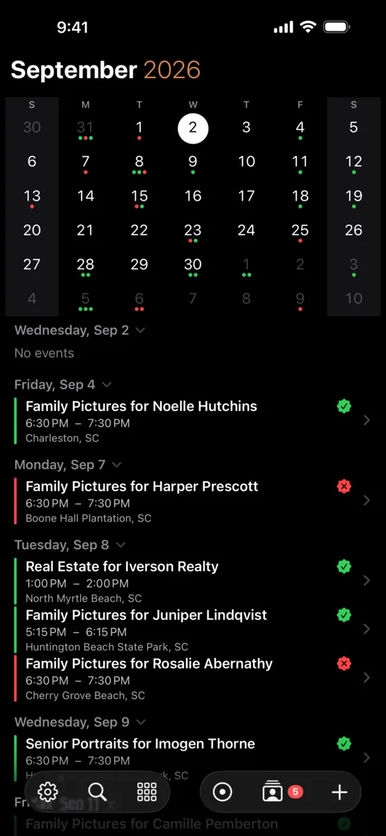 ShootCal agenda on iPhone in dark mode showing upcoming photography sessions with sunrise, sunset, and deposit status