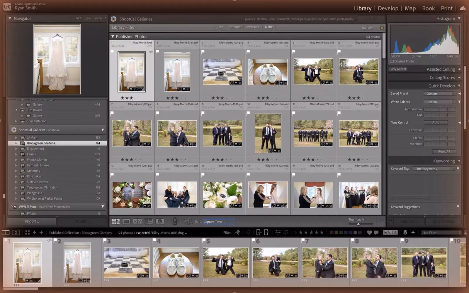 The ShootCal Galleries publish plugin inside Adobe Lightroom Classic with published wedding collections