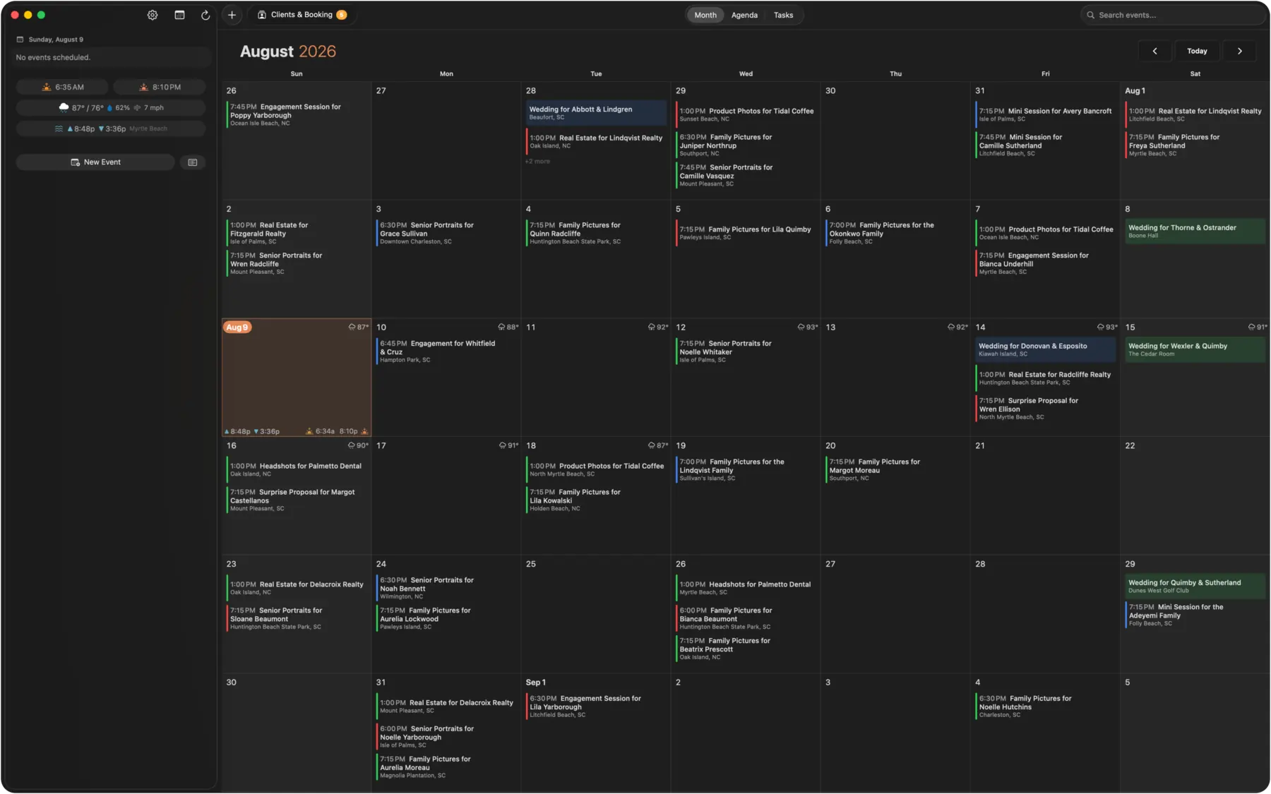 ShootCal native Mac month calendar in dark mode showing photography sessions with sunrise, sunset, and tide times
