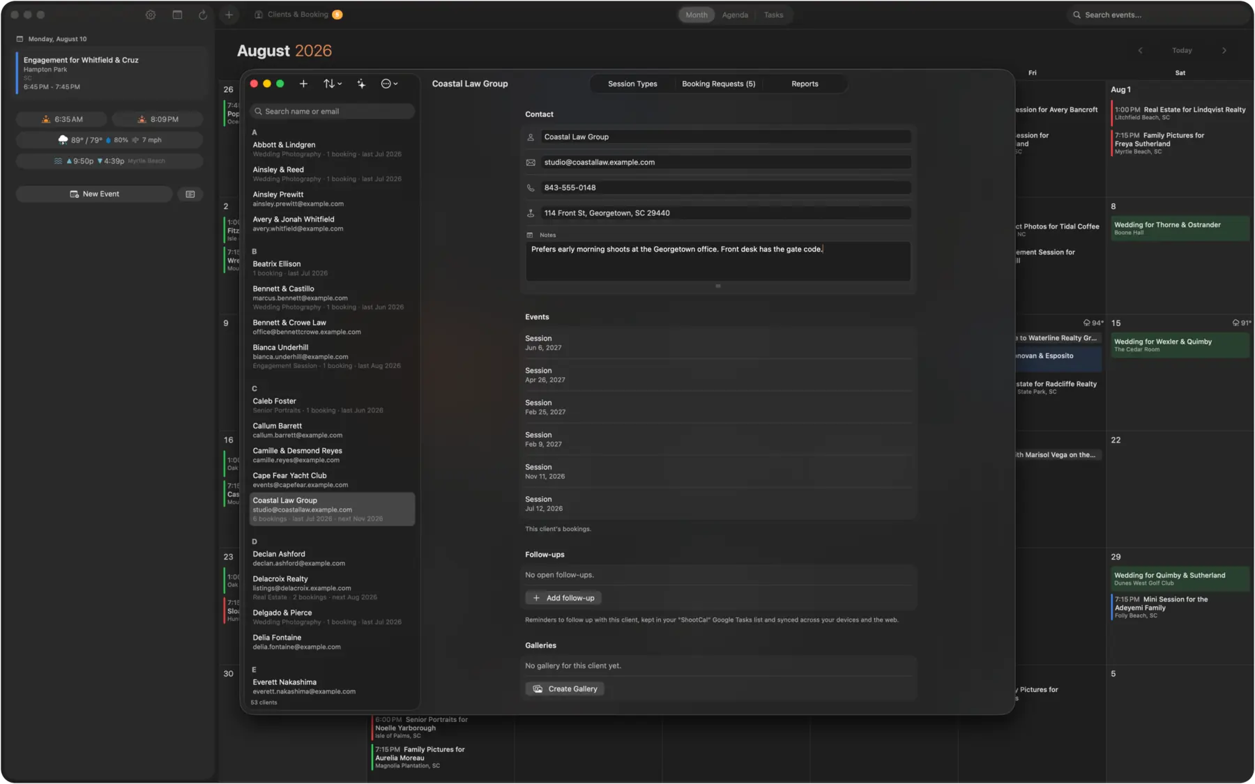 ShootCal native Mac client manager showing a client's contact details, bookings, and follow-ups