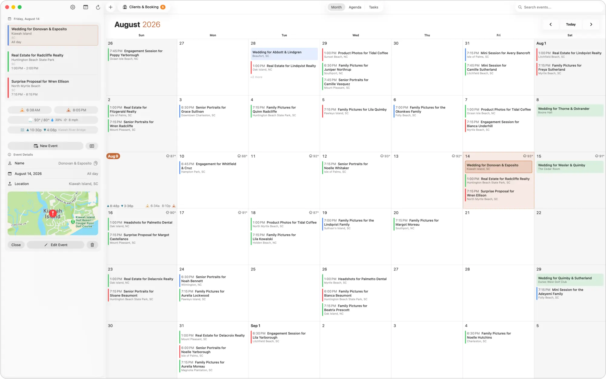 ShootCal native Mac calendar showing color-coded photography sessions and deposit status