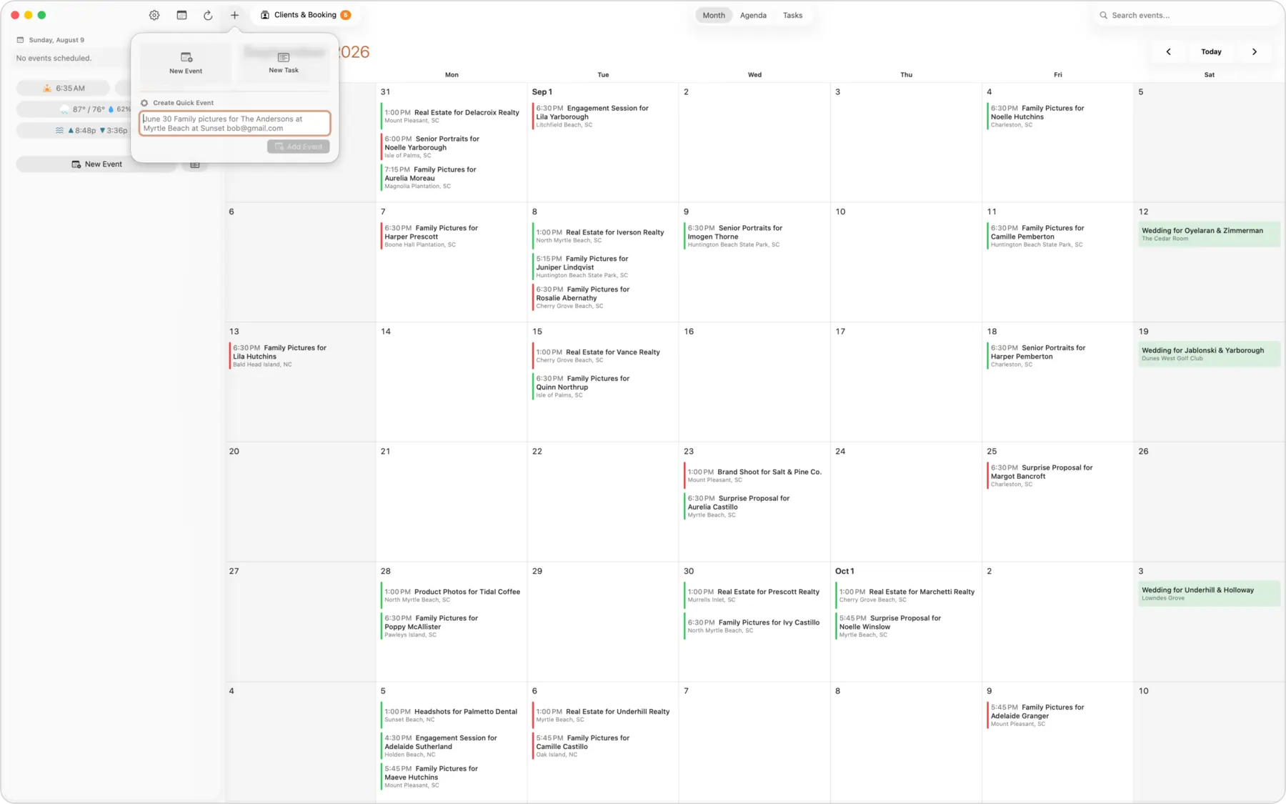 ShootCal natural-language quick add turning a typed sentence into a scheduled session