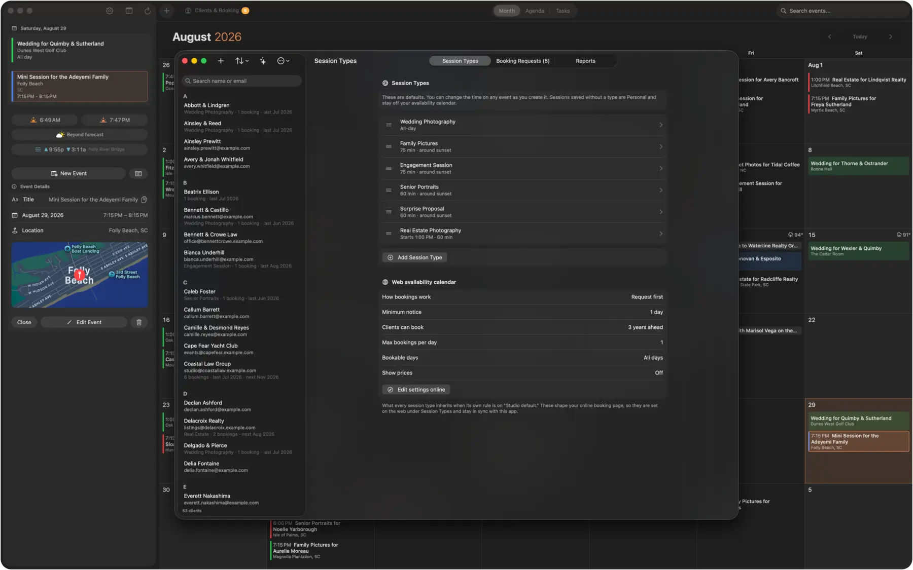 ShootCal native Mac session types with golden-hour timing and the web availability calendar rules
