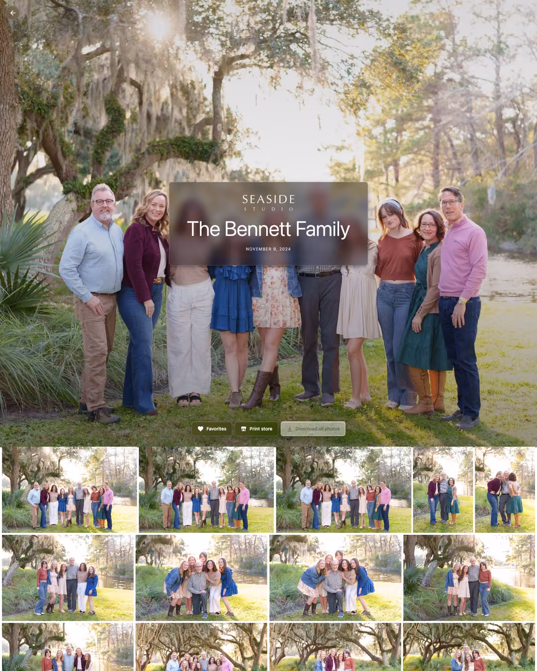 The Bennett Family portrait gallery page, golden-hour Spanish-moss oaks