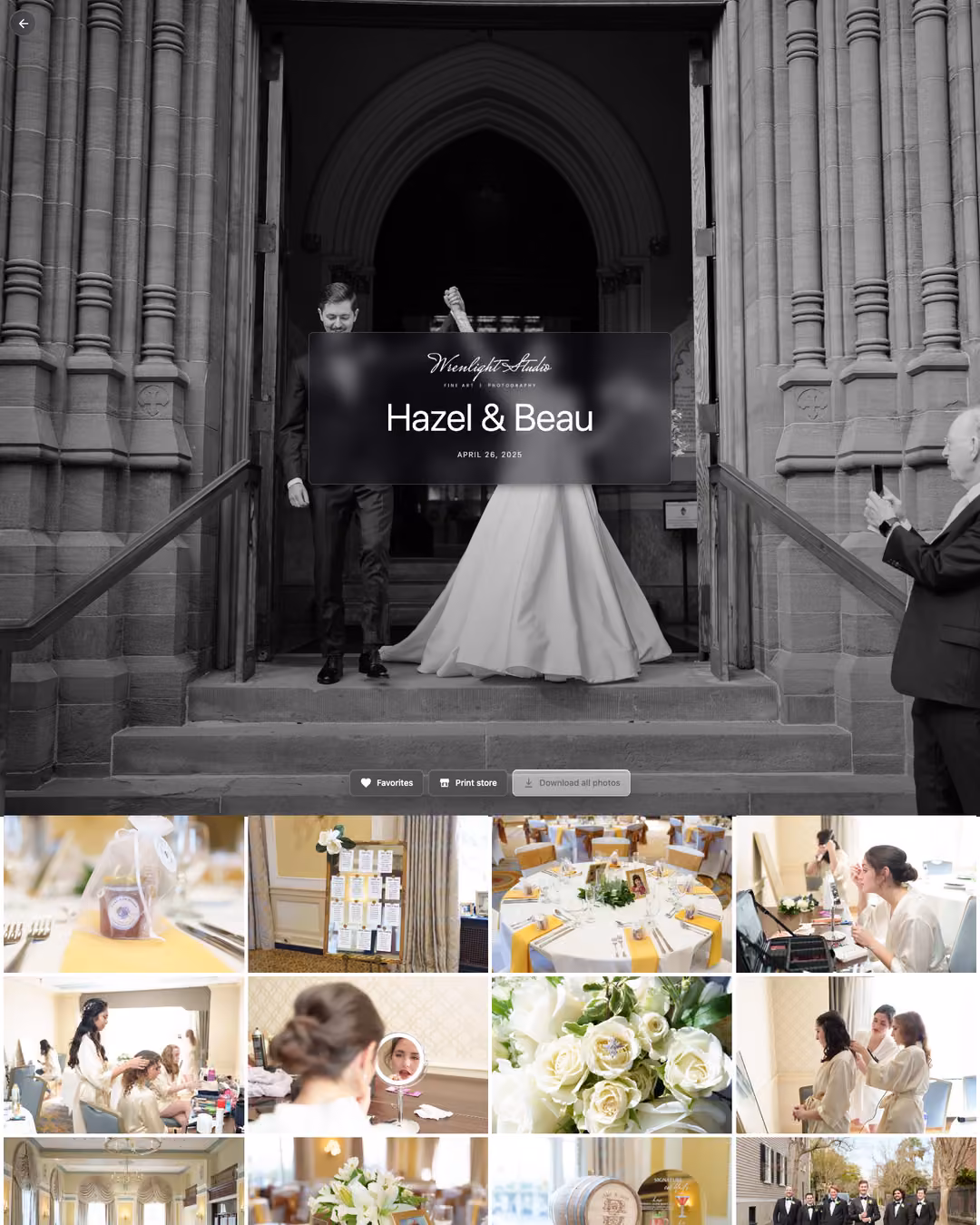 Hazel & Beau wedding gallery page: black-and-white church-steps cover photo with the title card