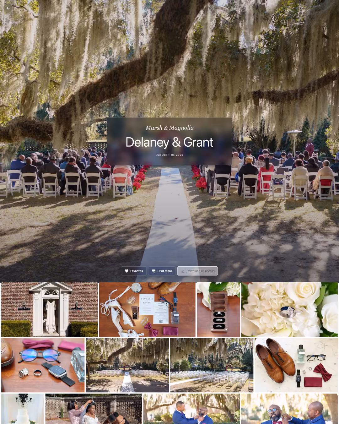 Delaney & Grant wedding gallery page: ceremony beneath Spanish-moss oaks
