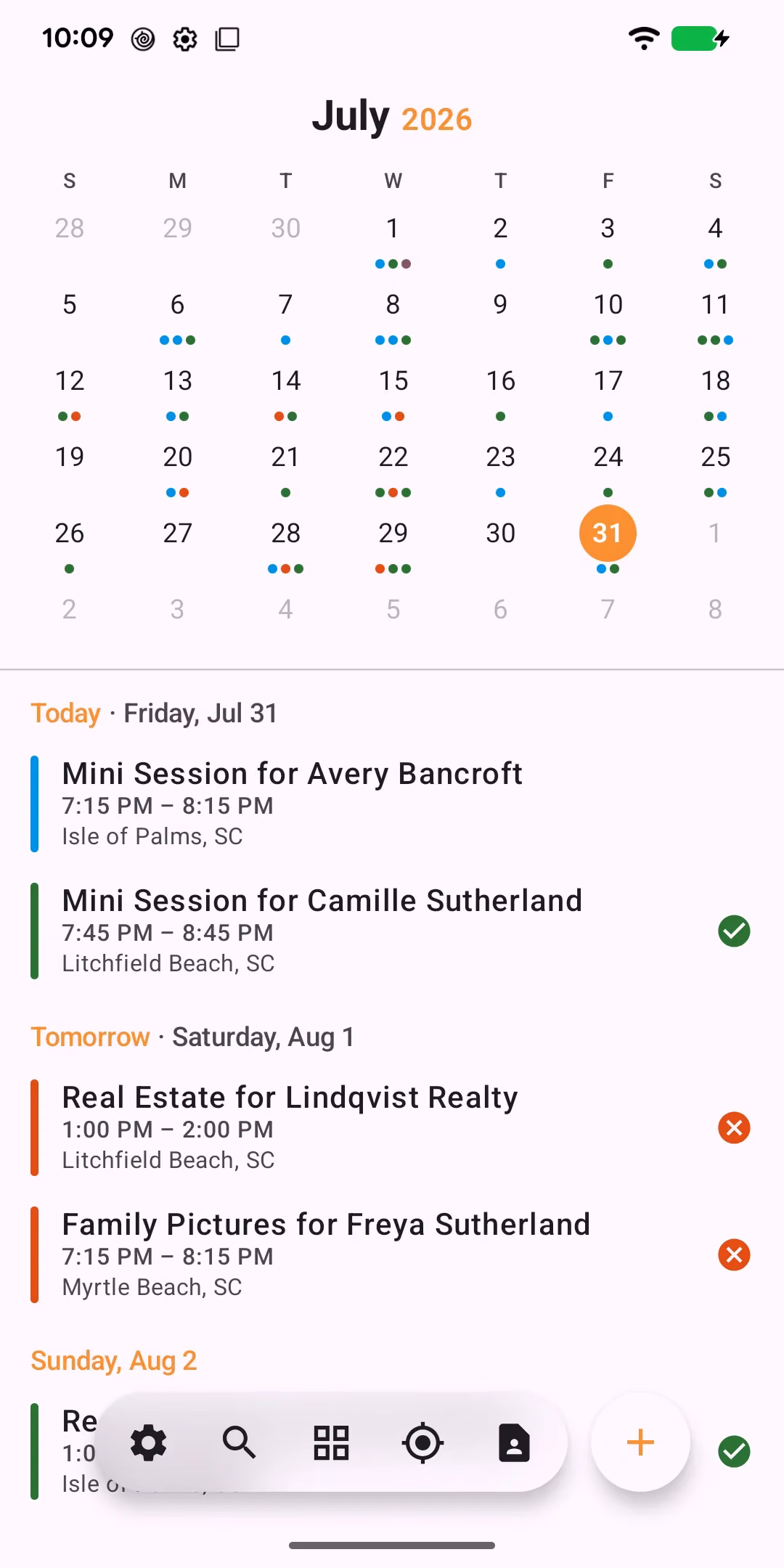 ShootCal native Android agenda showing photography sessions, calendar dates, sunset, tides, weather, and deposit status