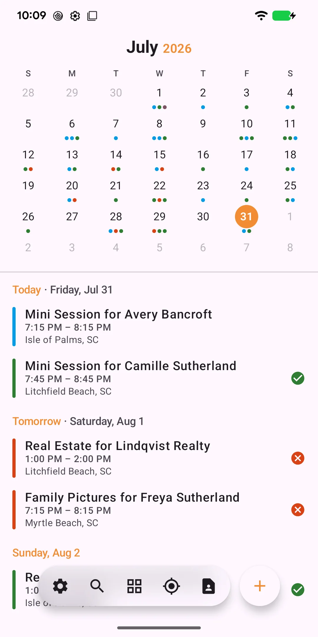 ShootCal native Android agenda showing photography sessions, calendar dates, sunset, tides, weather, and deposit status