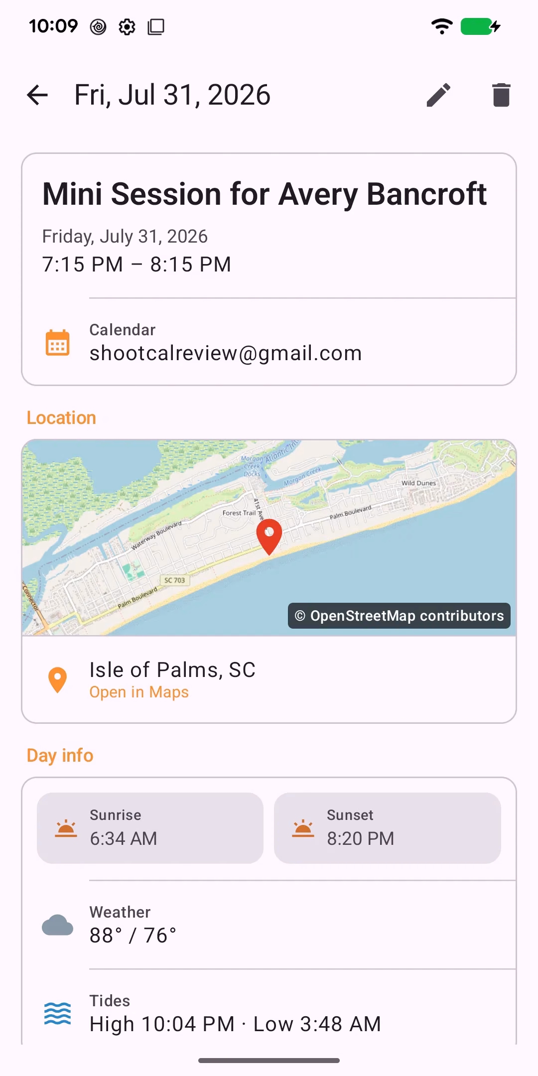 ShootCal native Android session details showing a photography booking with a map, golden hour, tides, and weather