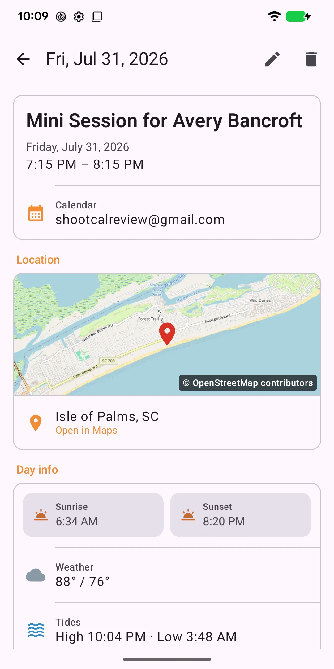 ShootCal native Android session details showing a photography booking with a map, golden hour, tides, and weather