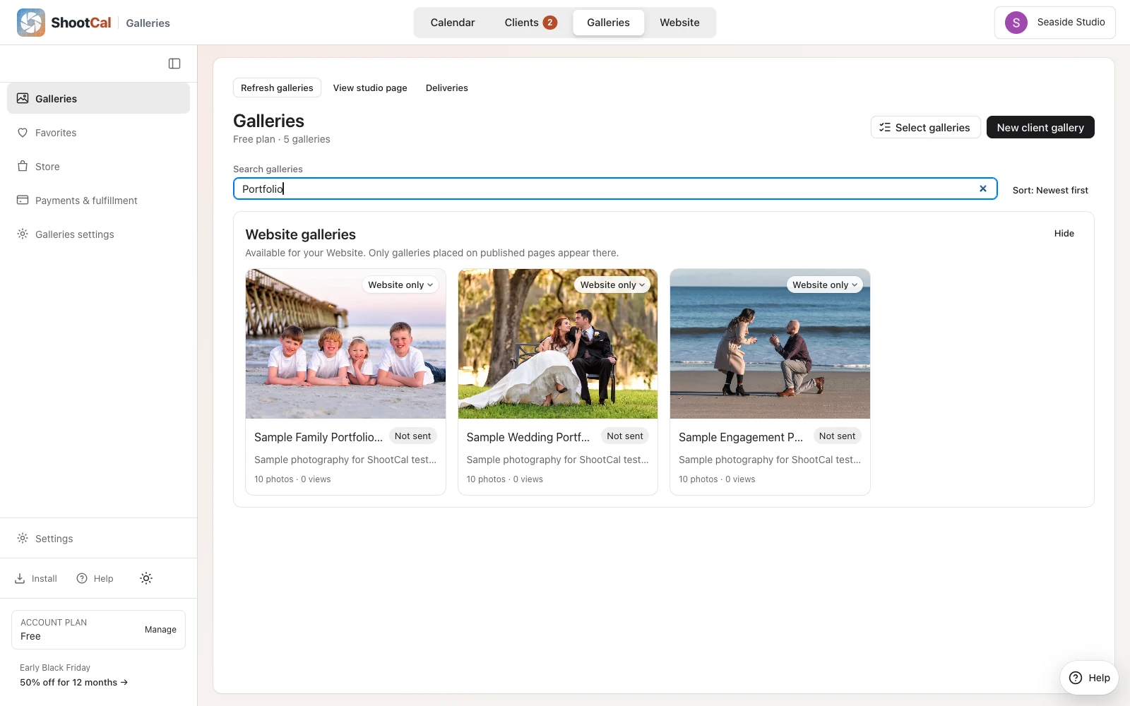 ShootCal Galleries in the web workspace showing three sample photography portfolios with photo and view counts