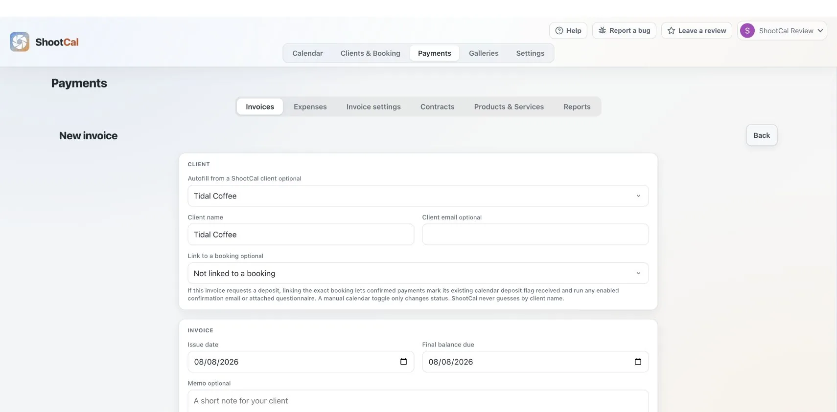 ShootCal invoice builder linked to a photography client and booking