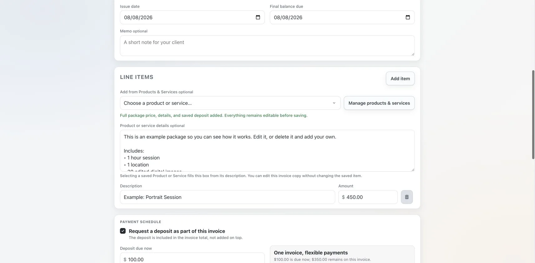 ShootCal invoice builder showing saved package line items and a flexible deposit schedule