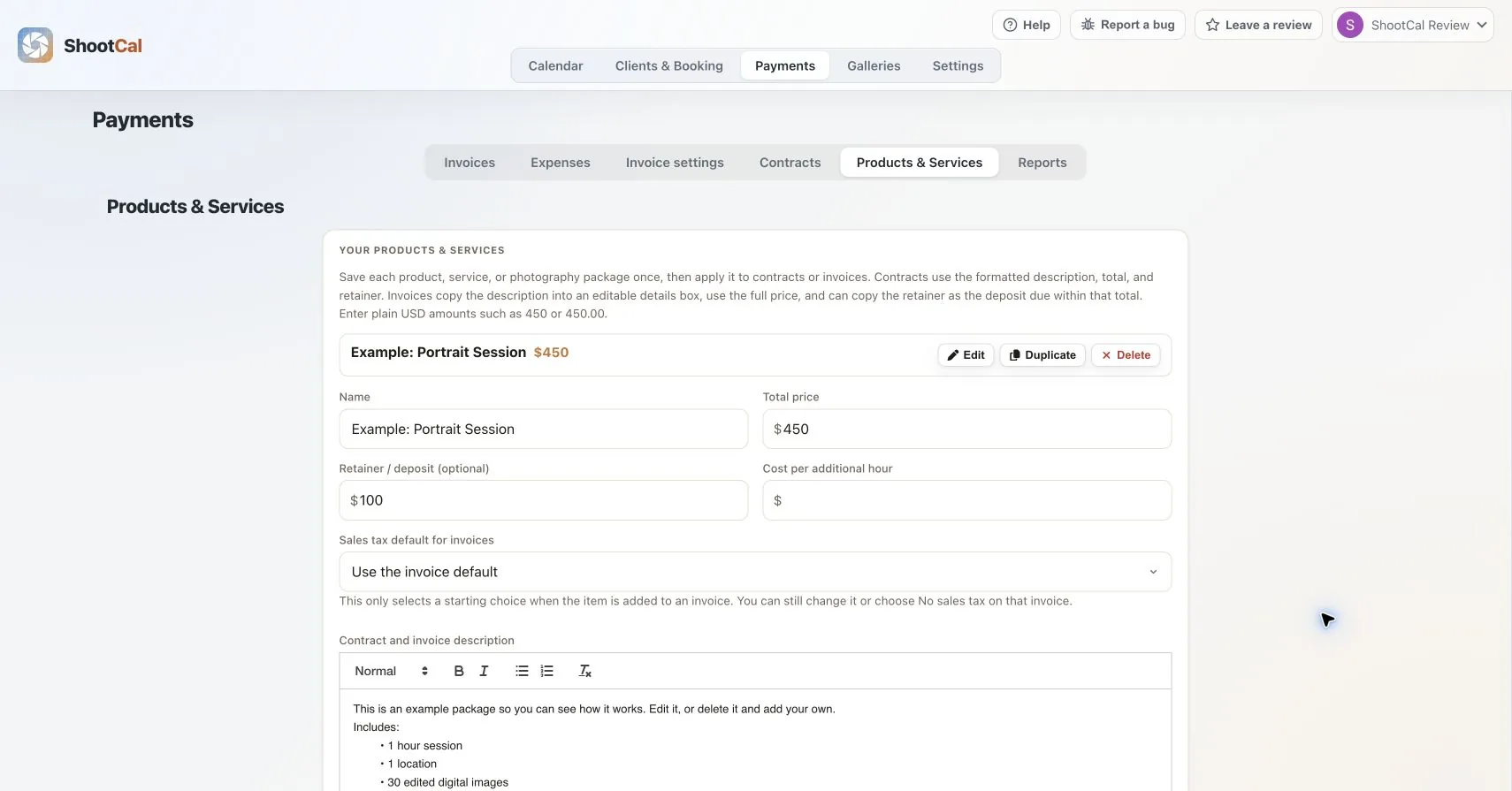 ShootCal products and services editor for reusable photography packages, prices, and deposits