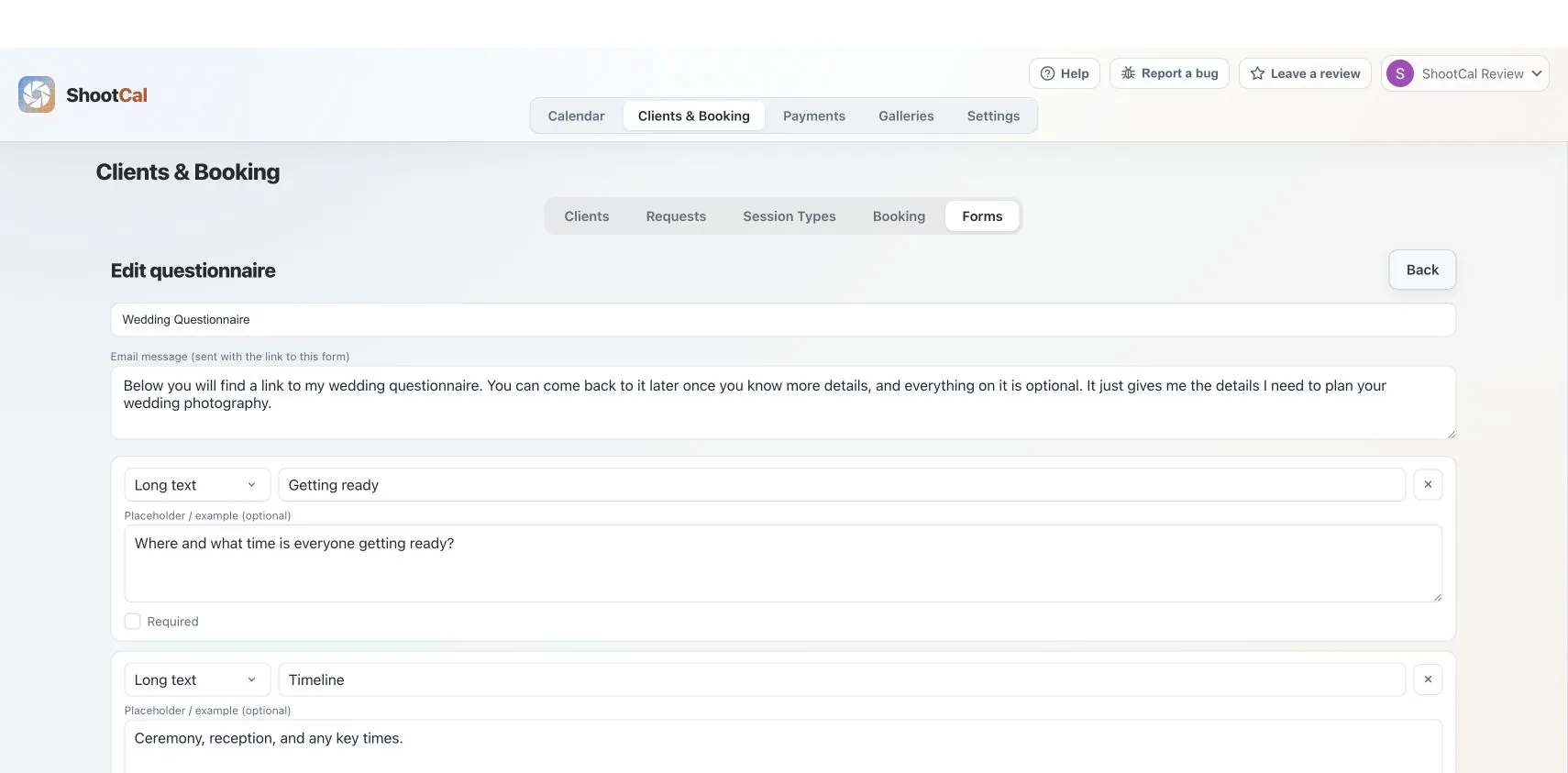 ShootCal wedding questionnaire builder with reusable client questions