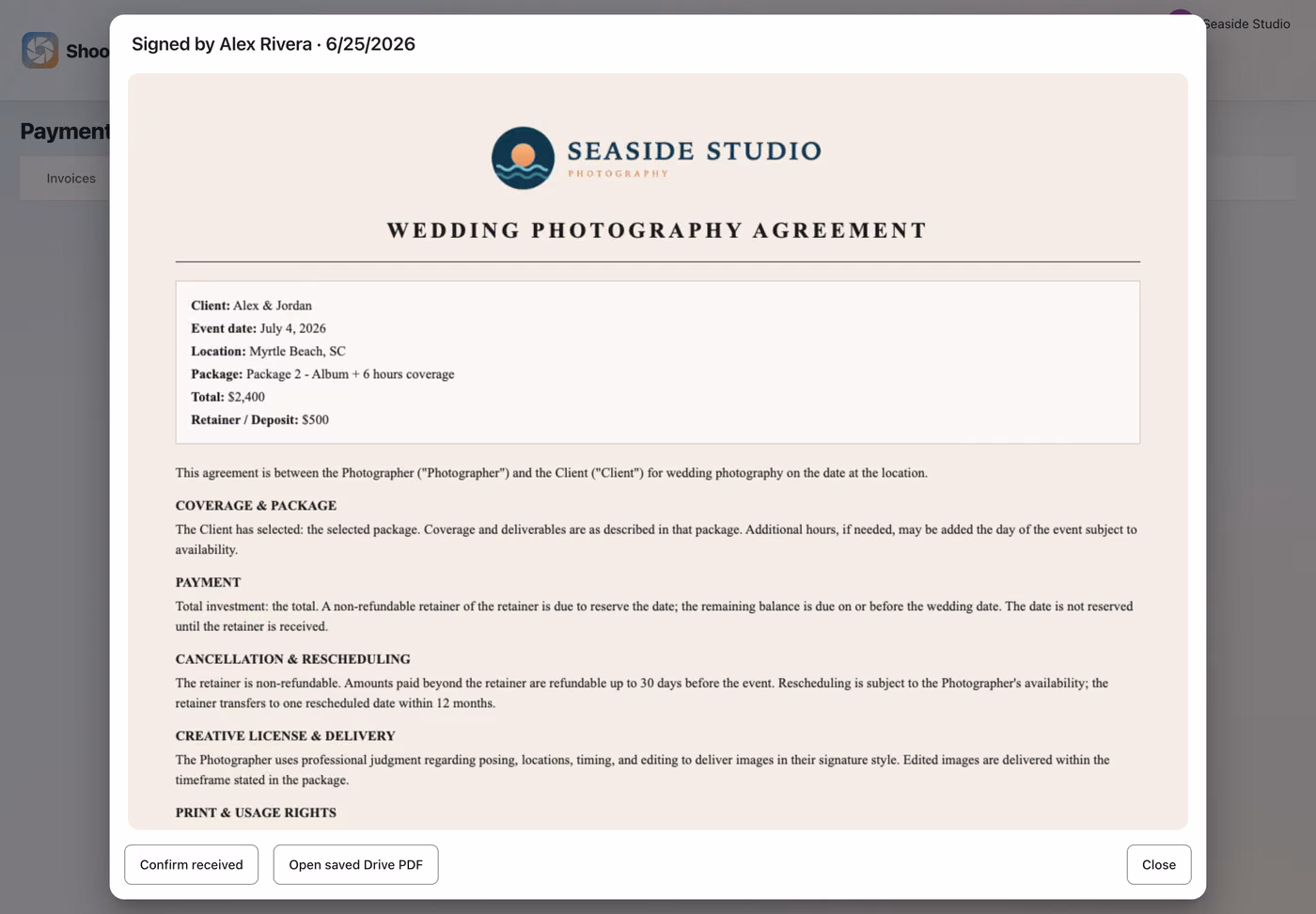 ShootCal contract signing page with a photography agreement a client e-signs online