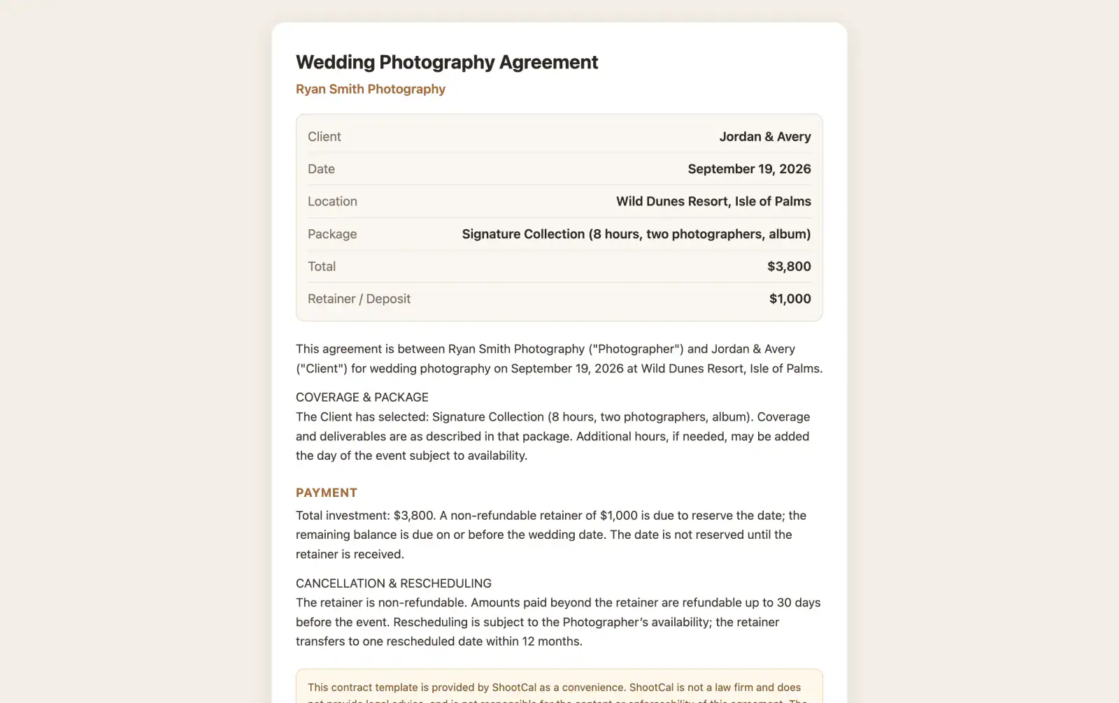 A signed photography contract in ShootCal with package, total, and retainer filled in