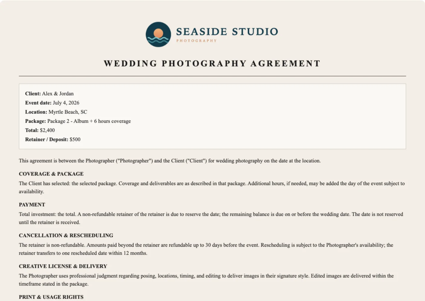 ShootCal contract signing page with a photography agreement a client e-signs online