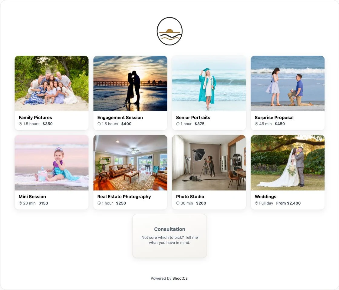 ShootCal demo booking page with photography session types to choose before selecting a date