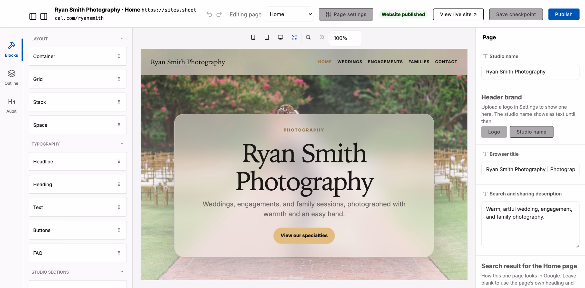 The ShootCal website builder: a block list on the left, a live page preview in the middle showing a garden-ceremony hero, and the page settings panel on the right