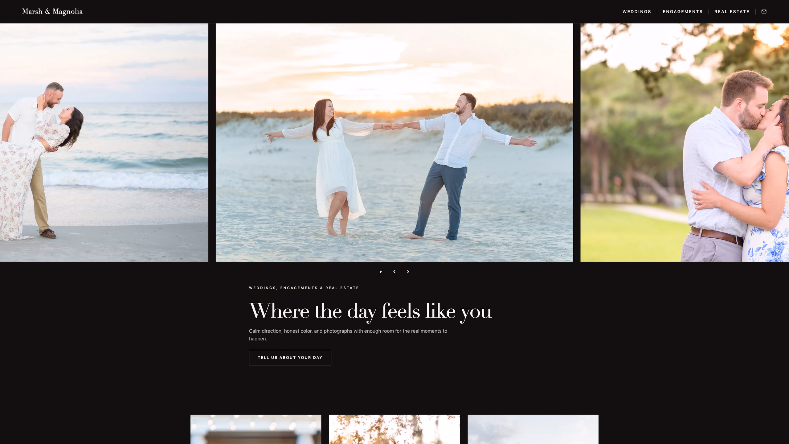 Marsh & Magnolia example website with a dark navigation bar, a full-width photo slider, and links to wedding, engagement, and family pages