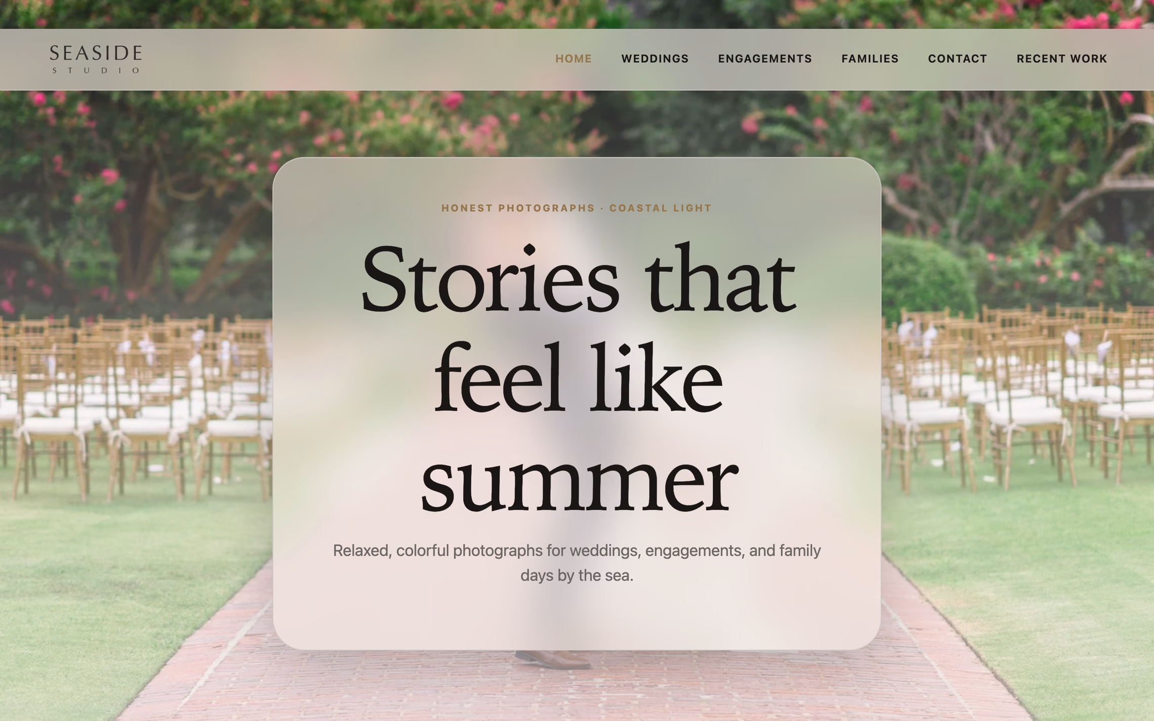 A published photography website: a studio wordmark and page navigation over a wide garden-ceremony photograph, with the studio's headline set in a soft glass panel