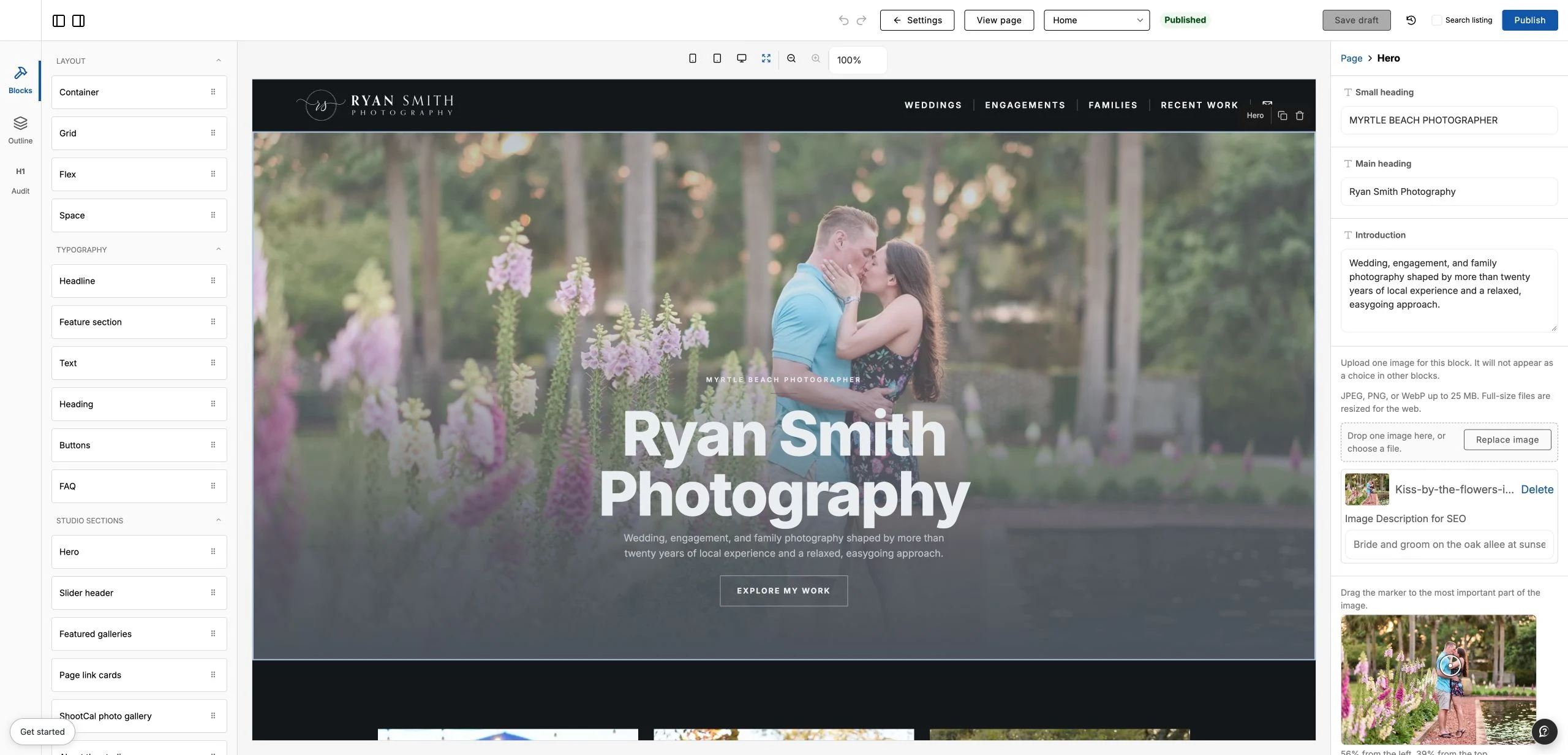 Ryan Smith Photography homepage inside the ShootCal Website Builder, with blocks on the left and hero editing controls on the right
