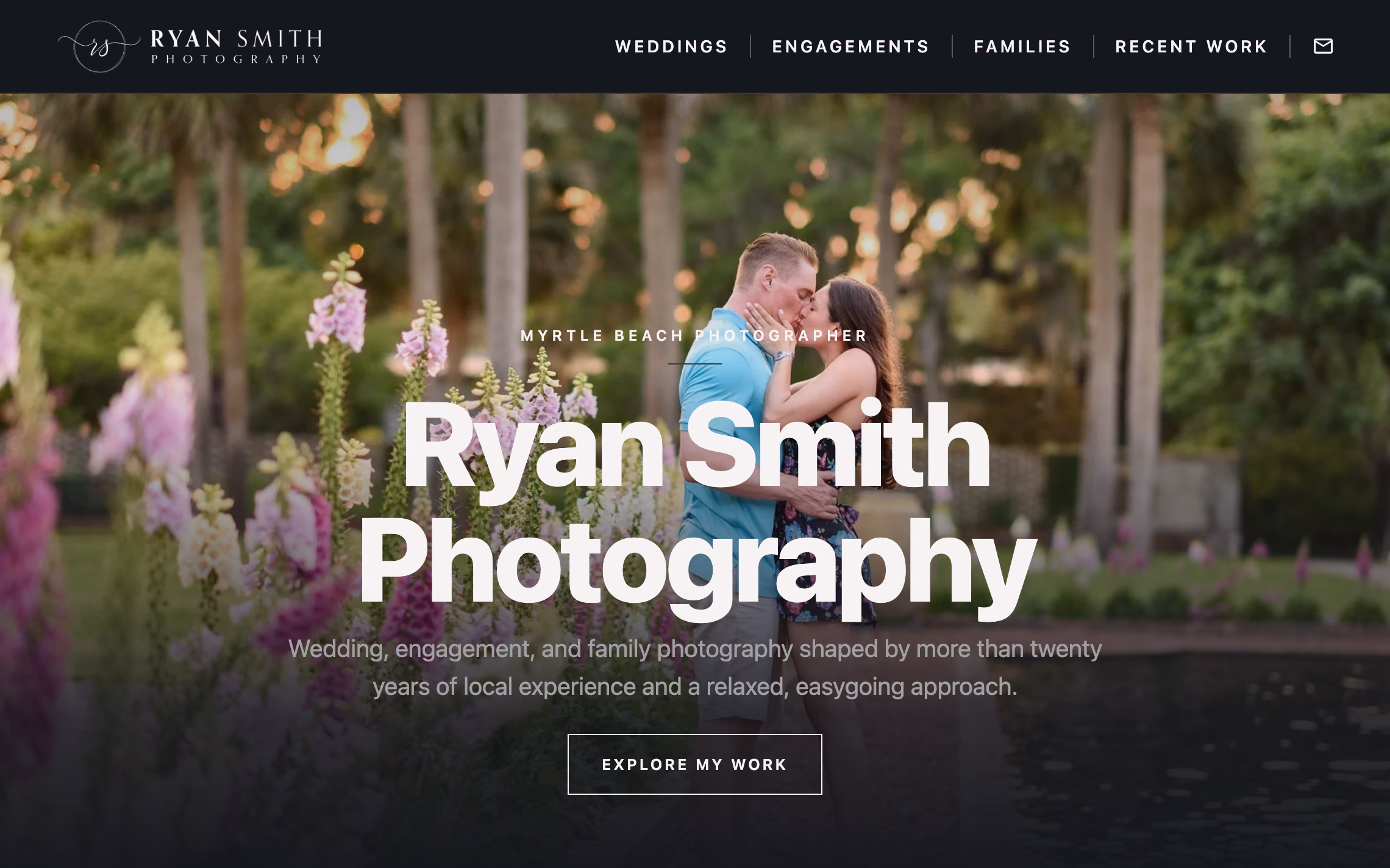 Ryan Smith Photography website: a dark header with the studio logo and page menu over a sunset engagement photograph among foxgloves, with a large white headline