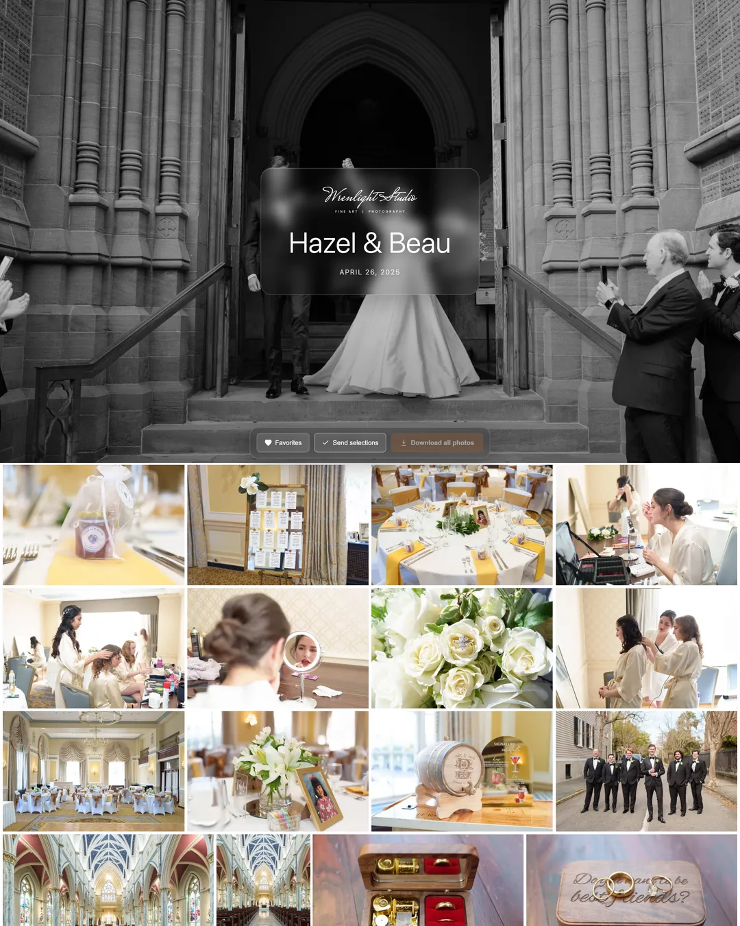 Hazel & Beau wedding gallery page: black-and-white church-steps cover photo with the title card